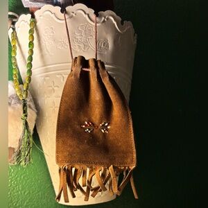 Vintage Brown Suede
Leather Fringed Medicine Bag
Multicolor Beaded. Made in USA